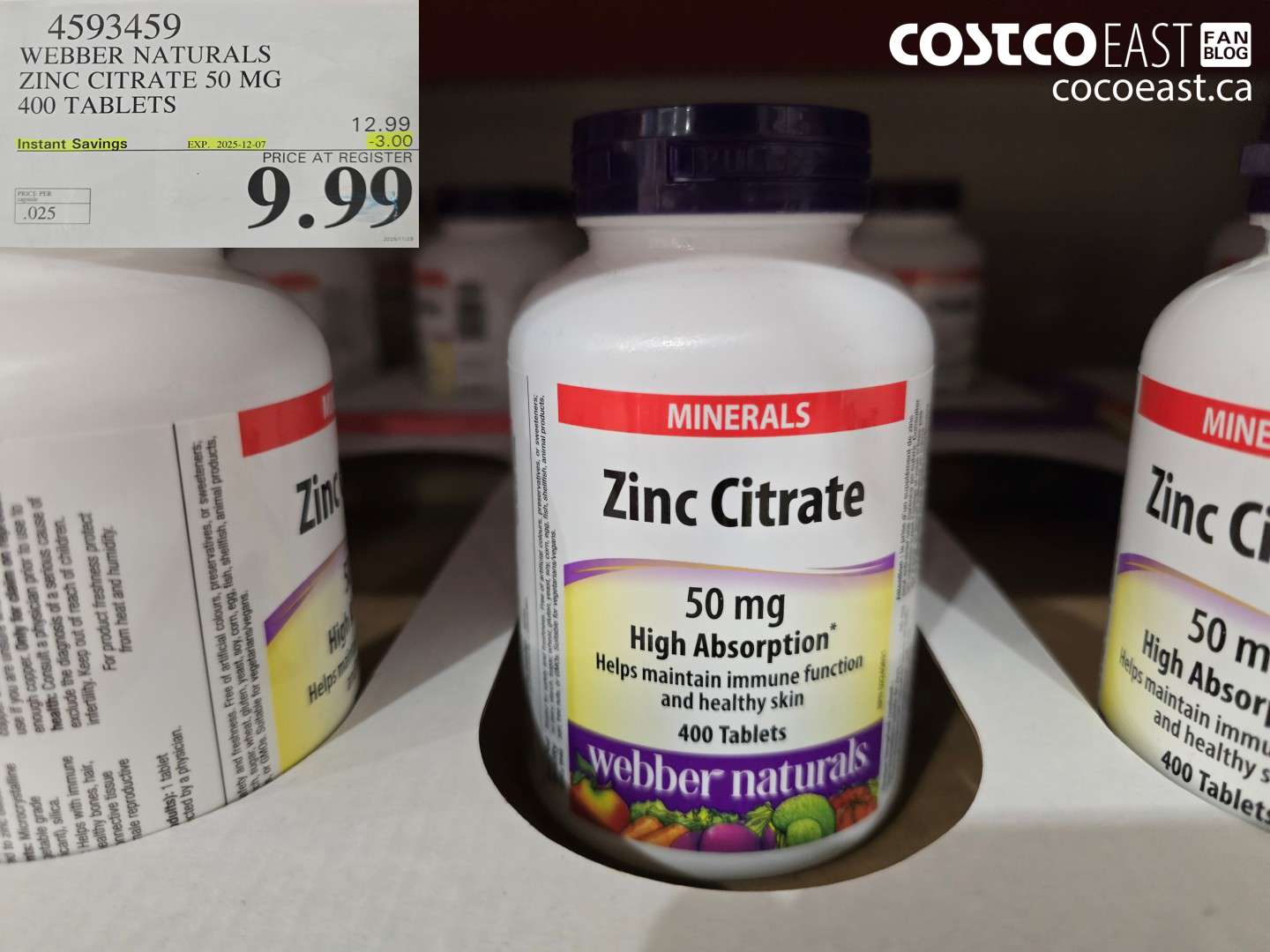 4593459 WEBBER NATURALS ZINC CHELATE 50MG 400 CAPSULES ($3.00 INSTANT SAVINGS EXPIRES ON 2025-12-07) $9.99