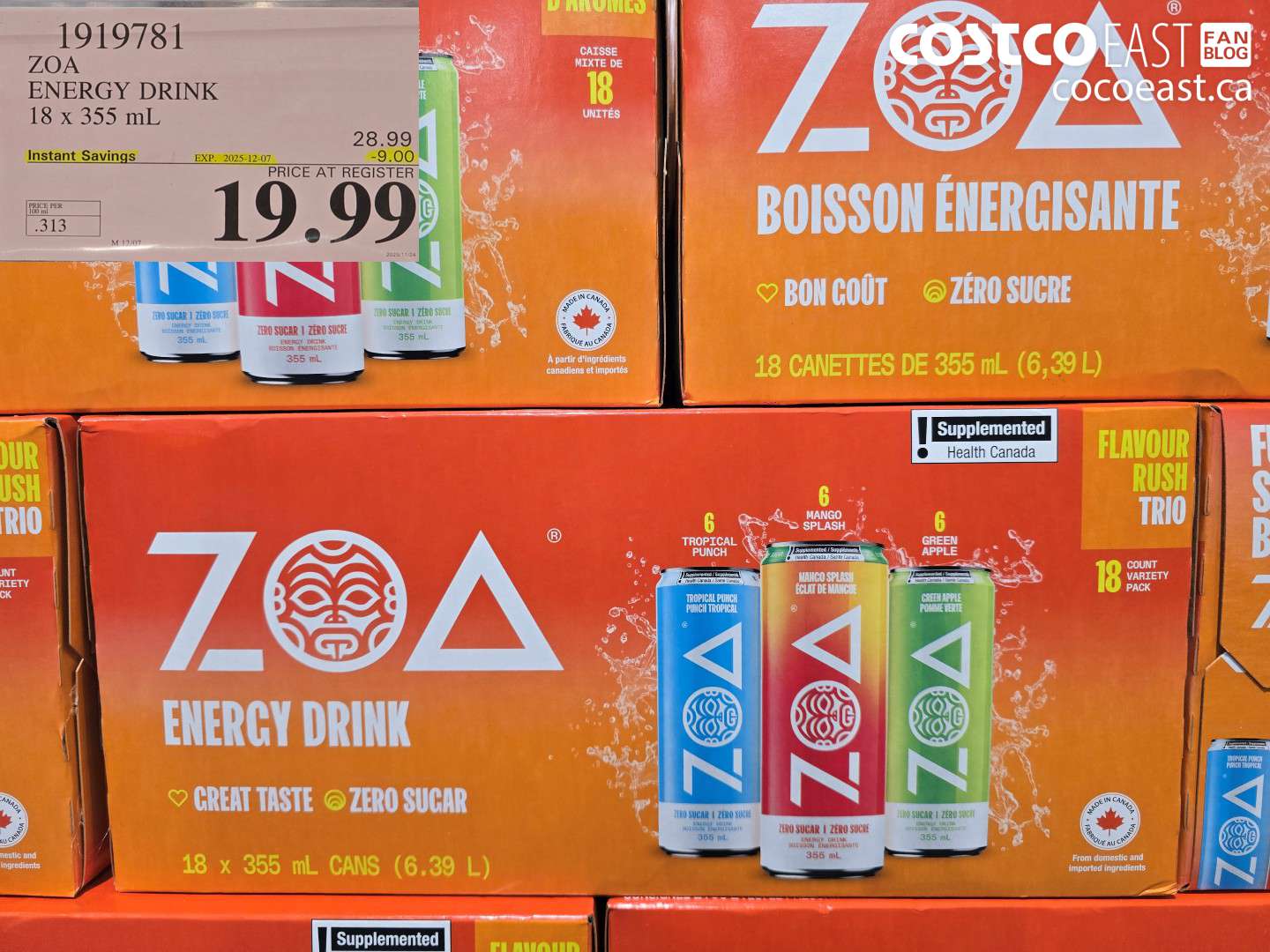 1919781 ZOA ENERGY DRINK 18 X 355 ML ($9.00 INSTANT SAVINGS EXPIRES ON 2025-12-07) $19.99