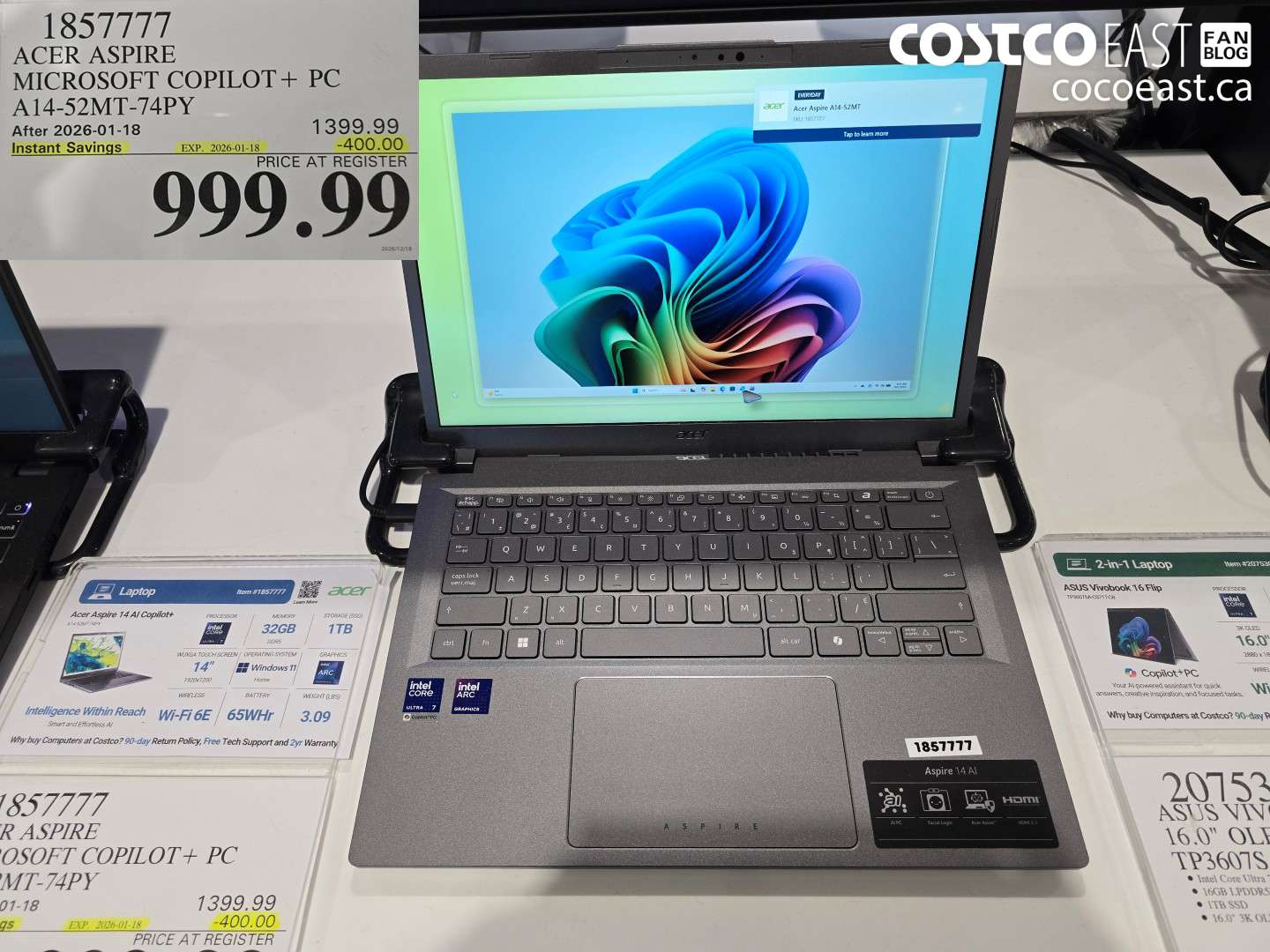 1857777 ACER ASPIRE MICROSOFT COPILOT + PC A14-52MT-74PY ($400.00 INSTANT SAVINGS EXPIRES ON 2026-01-18) $999.99