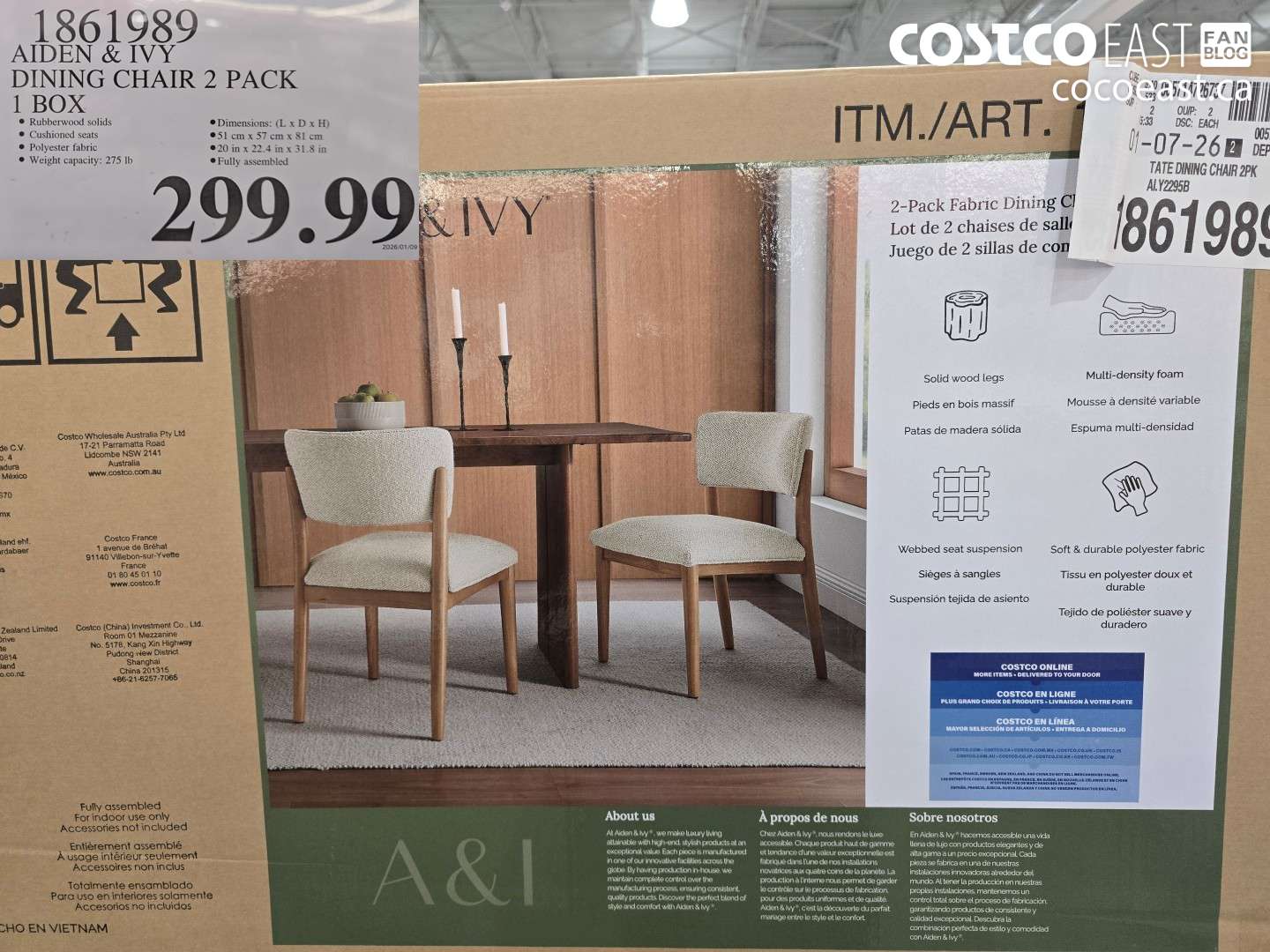 1861989 AIDEN & IVY DINING CHAIR 2 PACK 1 BOX $299.99