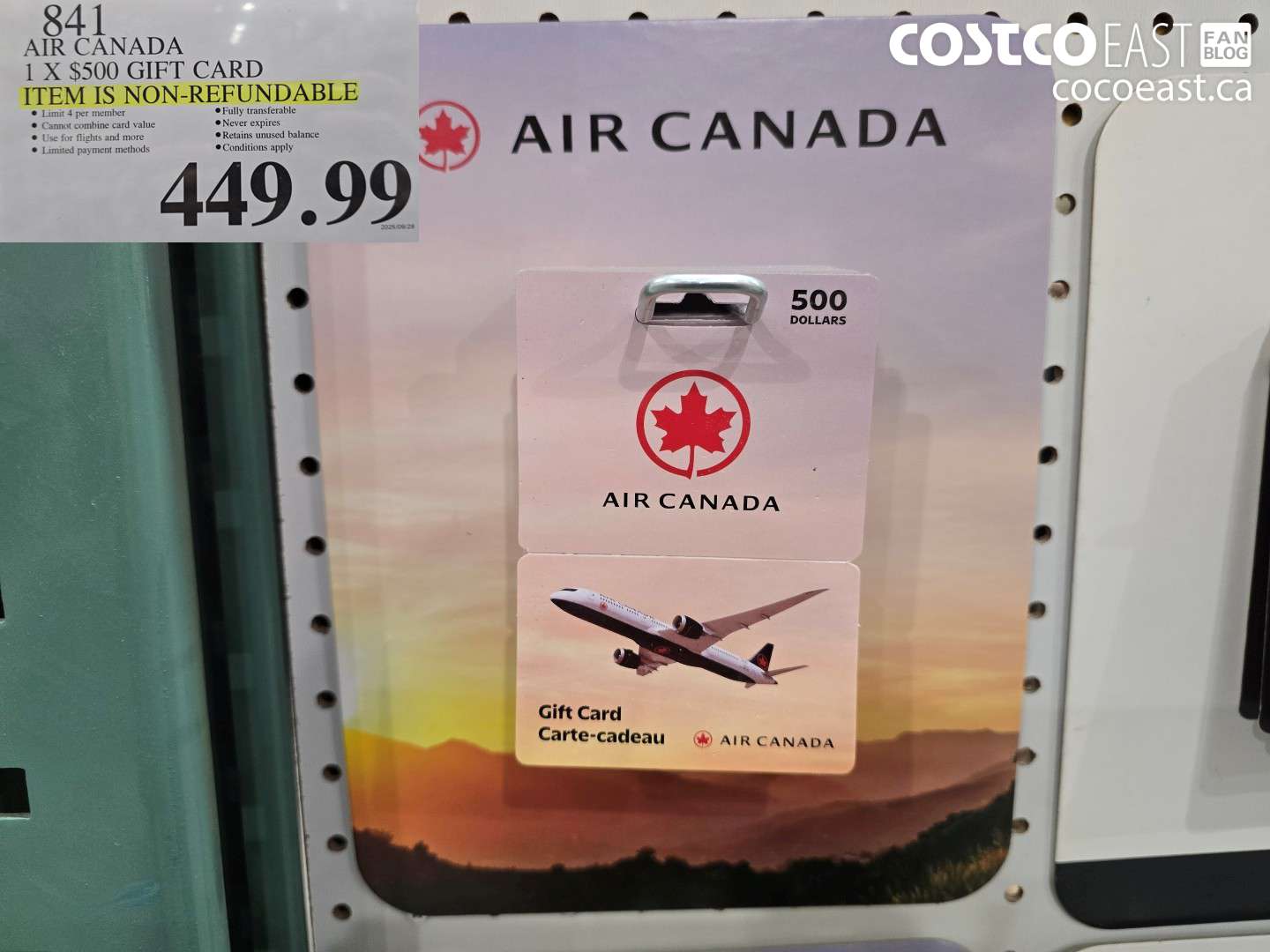 841 AIR CANADA 1 X $500 GIFT CARD ITEM IS NON-REFUNDABLE $449.99