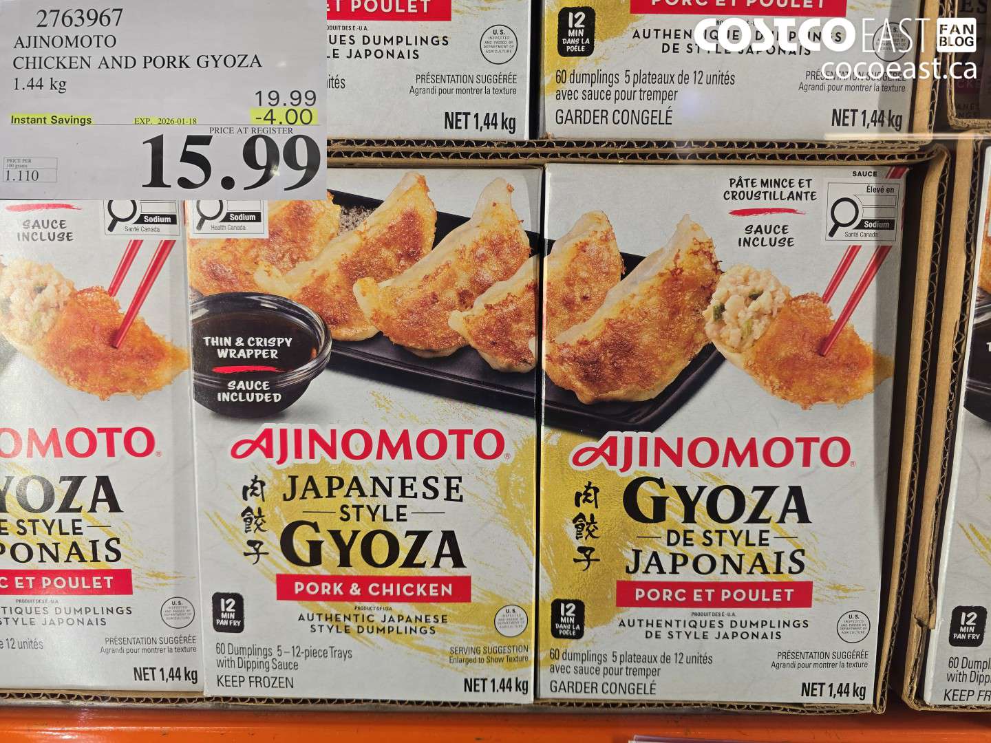 2763967 AJINOMOTO CHICKEN AND PORK GYOZA 1.44 kg ($4.00 INSTANT SAVINGS EXPIRES ON 2026-01-18) $15.99