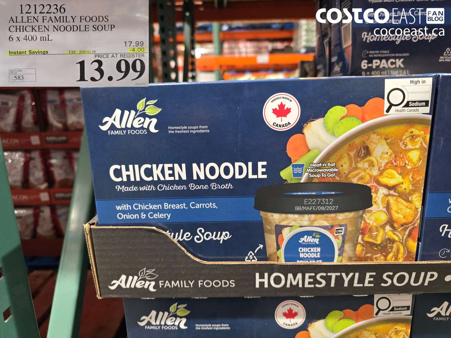 1212236 ALLEN FAMILY FOODS CHICKEN NOODLE SOUP 6 x 400 mL ($4.00 INSTANT SAVINGS EXPIRES ON 2026-01-18) $13.99