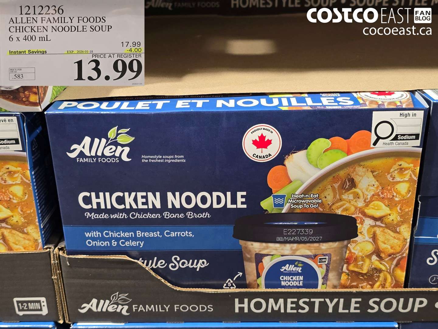 1212236 ALLEN FAMILY FOODS CHICKEN NOODLE SOUP 6 x 400 mL ($4.00 INSTANT SAVINGS EXPIRES ON 2026-01-18) $13.99
