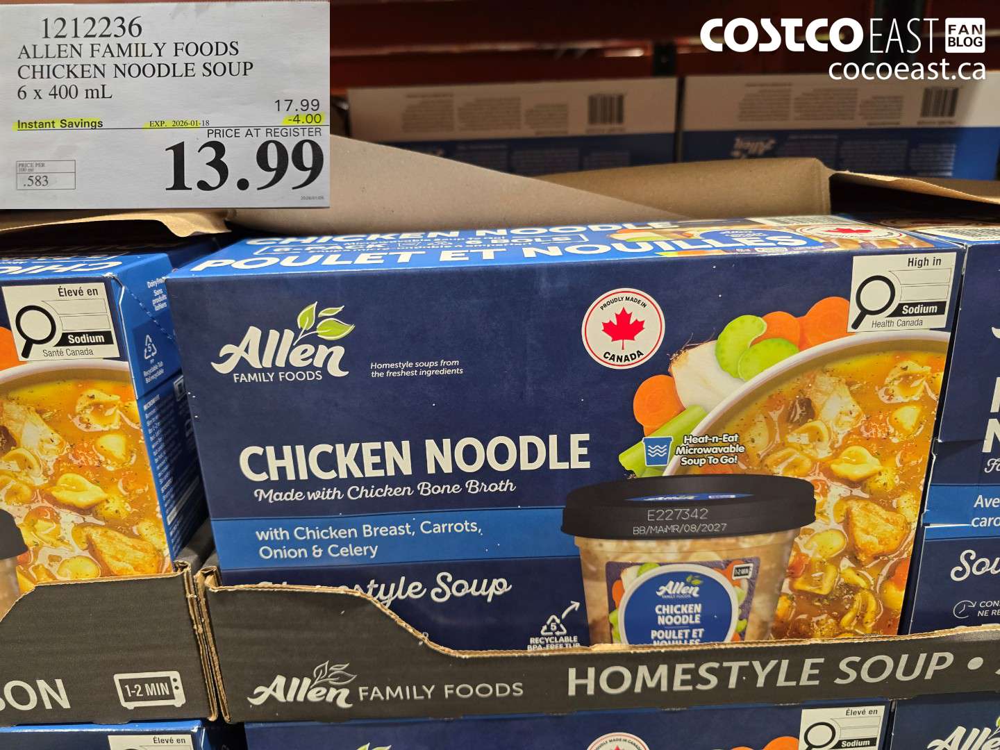 1212236 ALLEN FAMILY FOODS CHICKEN NOODLE SOUP 6 x 400 mL ($4.00 INSTANT SAVINGS EXPIRES ON 2026-01-18) $13.99