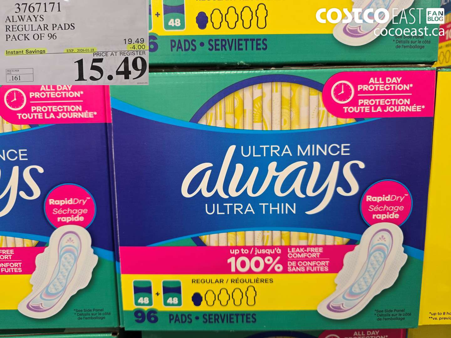 3767171 ALWAYS REGULAR PADS PACK OF 96 ($4.00 INSTANT SAVINGS EXPIRES ON 2026-01-18) $15.49