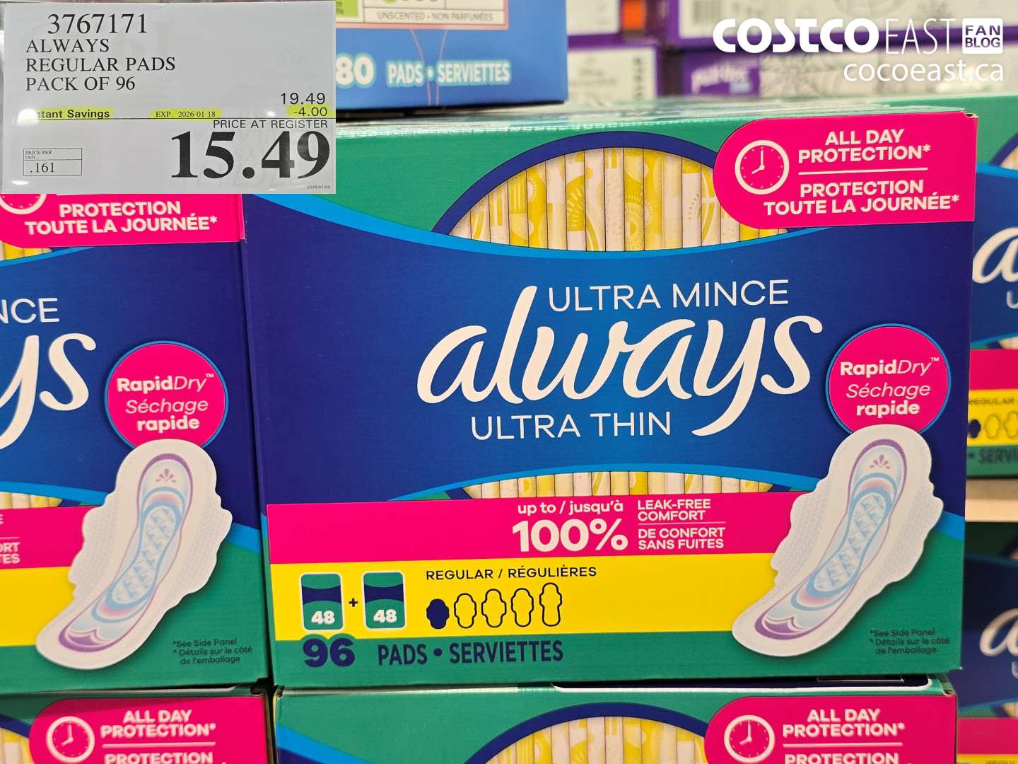 3767171 ALWAYS REGULAR PADS PACK OF 96 ($4.00 INSTANT SAVINGS EXPIRES ON 2026-01-18) $15.49