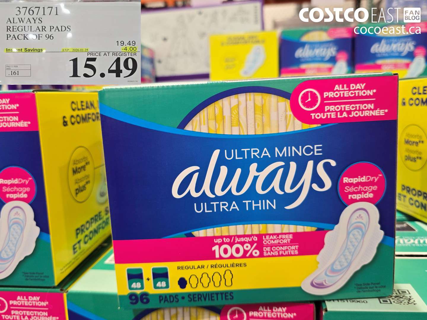 3767171 ALWAYS REGULAR PADS PACK OF 96 ($4.00 INSTANT SAVINGS EXPIRES ON 2026-01-25) $15.49