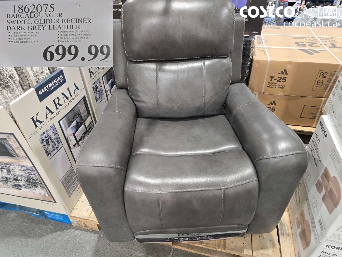 1862075 BARCALOUNGER SWIVEL GLIDER RECINER DARK GREY LEATHER $699.99