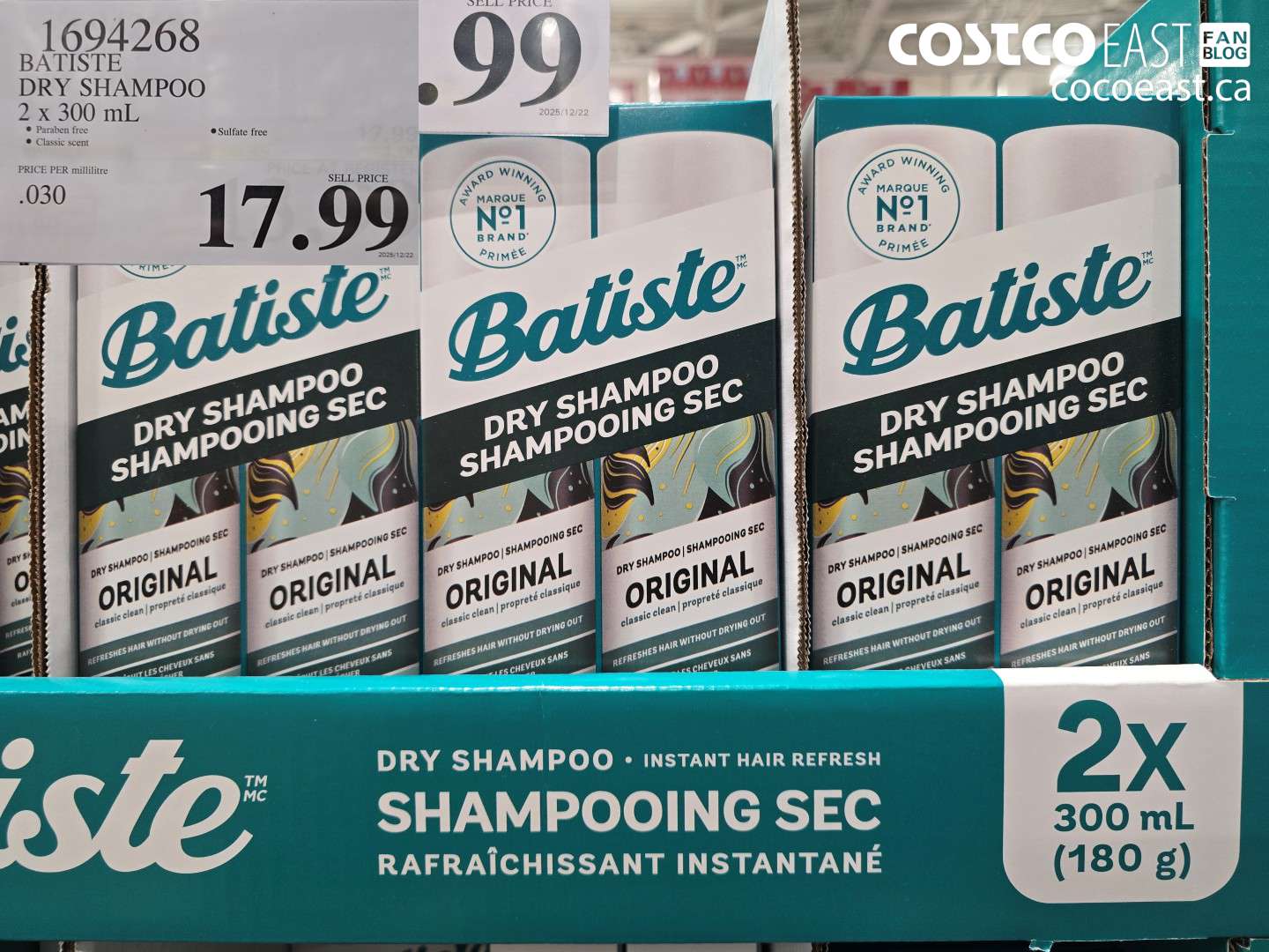 1694268 BATISTE DRY SHAMPOO 2 X 300 ML $17.99