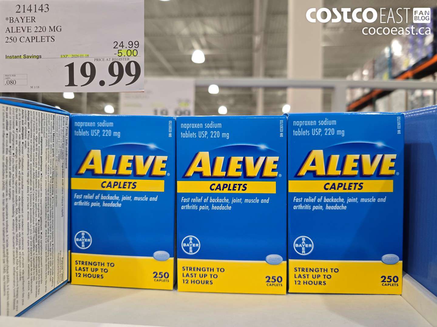 214143 BAYER ALEVE 220 MG 250 CAPLETS ($5.00 INSTANT SAVINGS EXPIRES ON 2026-01-18) $19.99