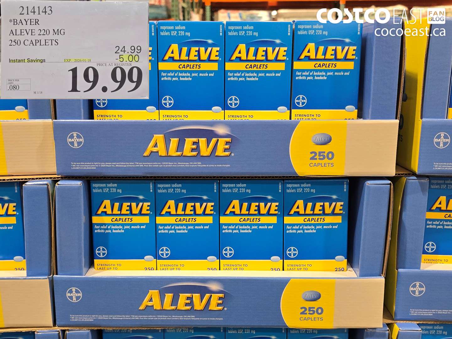 214143 BAYER ALEVE 220 MG 250 CAPLETS ($5.00 INSTANT SAVINGS EXPIRES ON 2026-01-18) $19.99
