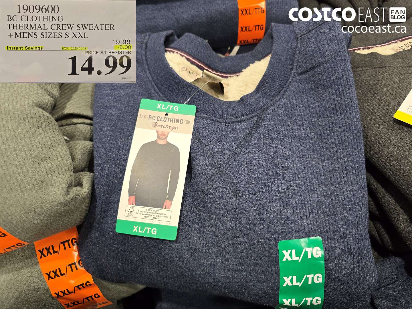 1909600 BC CLOTHING THERMAL CREW SWEATER +MENS SIZES S-XXL ($5.00 INSTANT SAVINGS EXPIRES ON 2026-01-18) $14.99