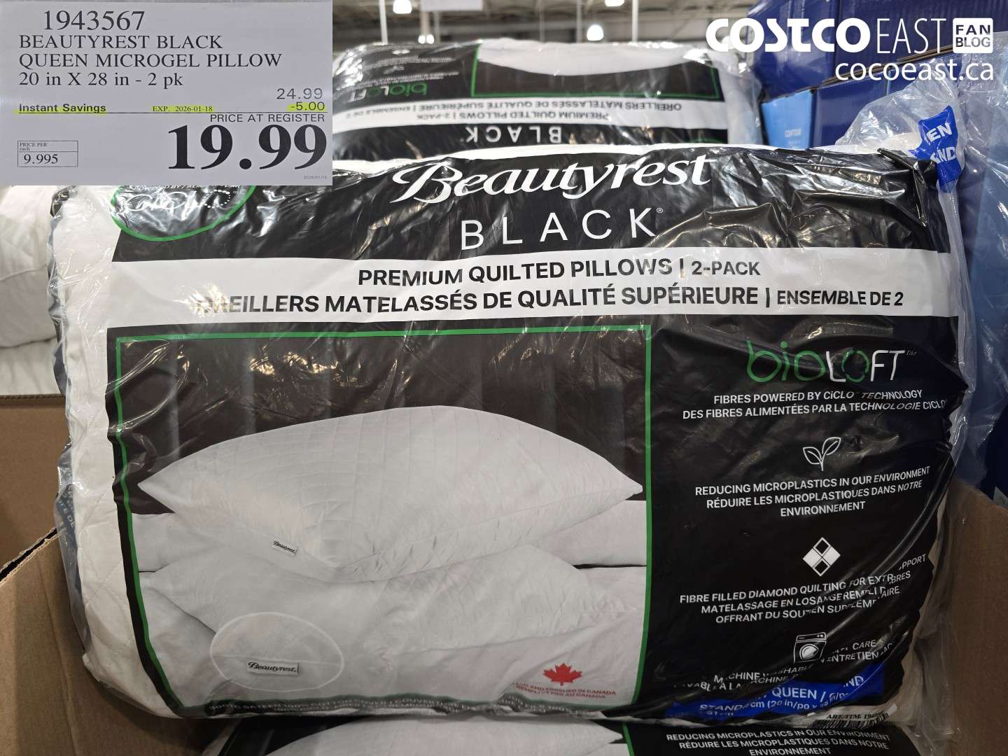 1943567 BEAUTYREST BLACK QUEEN MICROGEL PILLOW 20 in X 28 in - 2 pk ($5.00 INSTANT SAVINGS EXPIRES ON 2026-01-18) $19.99