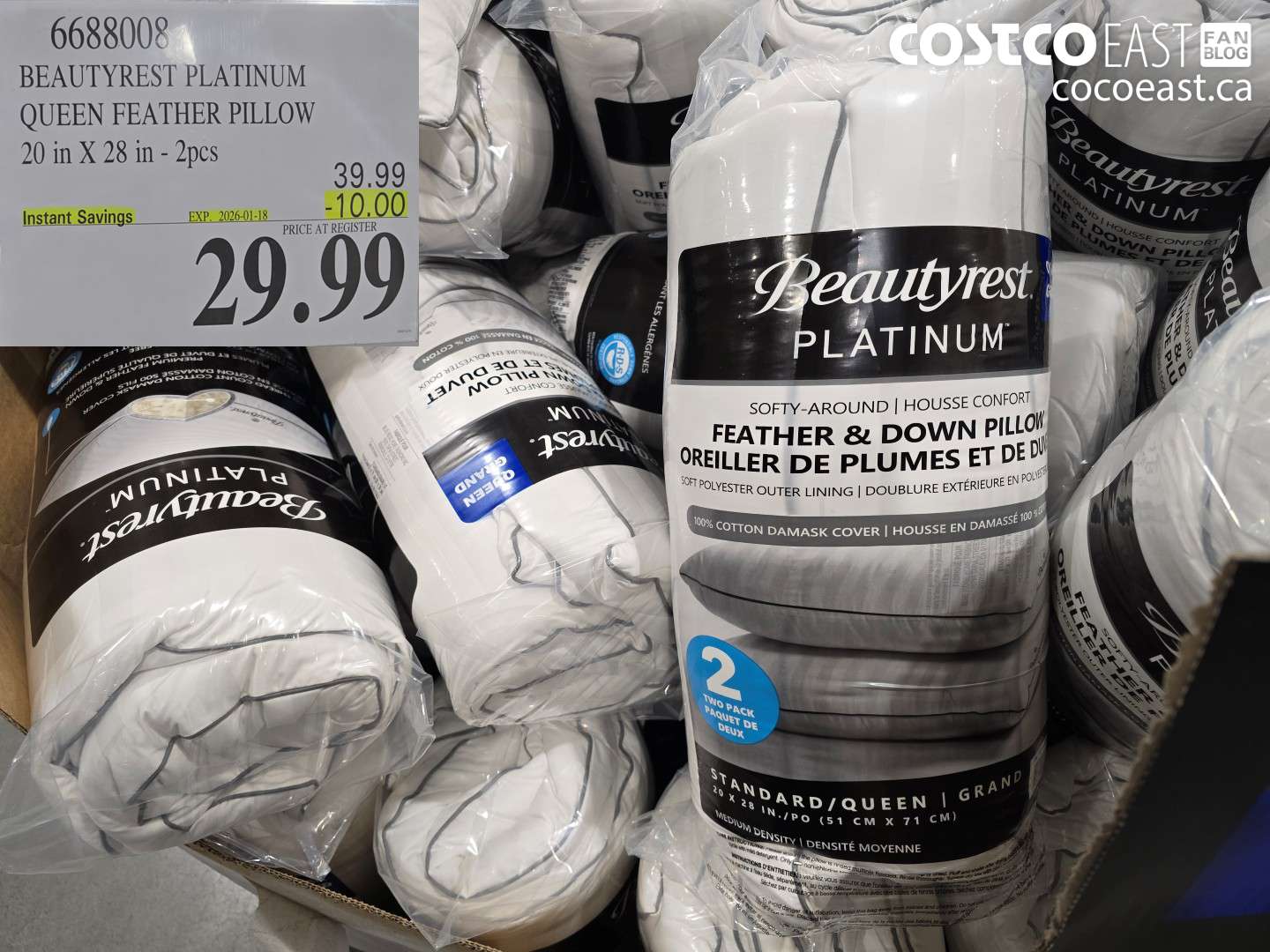 6688008 BEAUTYREST PLATINUM QUEEN FEATHER PILLOW 20 in X 28 in - 2pcs ($10.00 INSTANT SAVINGS EXPIRES ON 2026-01-18) $29.99