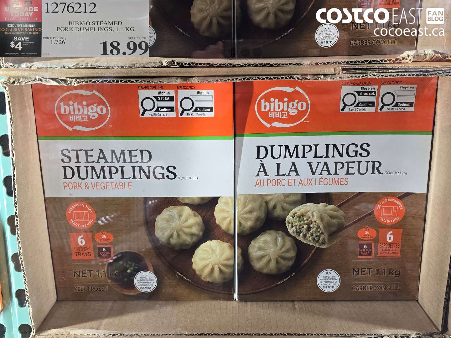 1276212 BIBIGO STEAMED PORK DUMPLINGS 1.1 KG ($4.00 INSTANT SAVINGS EXPIRES ON 2026-01-18) $14.99