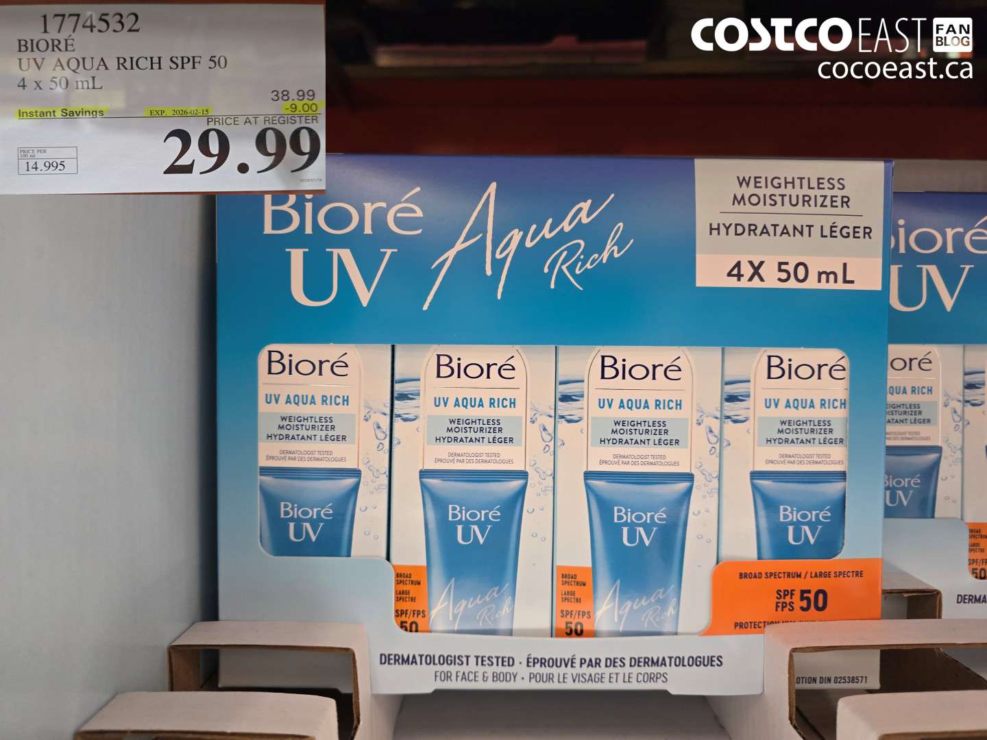 1774532 BIORE UV AQUA RICH SPF 50 4 x 50 ML ($9.00 INSTANT SAVINGS EXPIRES ON 2026-02-15) $29.99