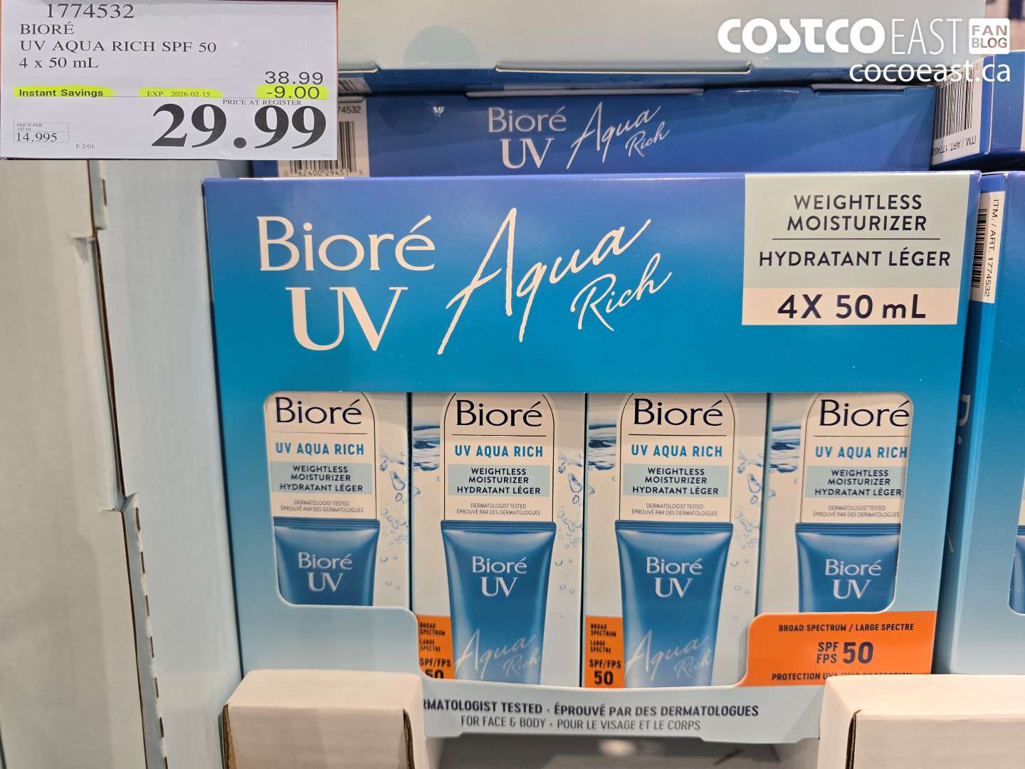 1774532 BIORE UV AQUA RICH SPF 50 4 x 50 ML ($9.00 INSTANT SAVINGS EXPIRES ON 2026-02-15) $29.99