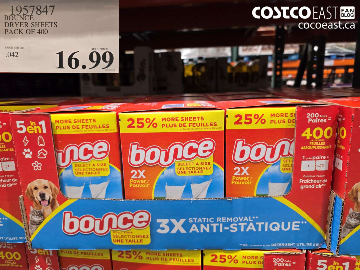 1957847 BOUNCE DRYER SHEETS PACK OF 400 $16.99