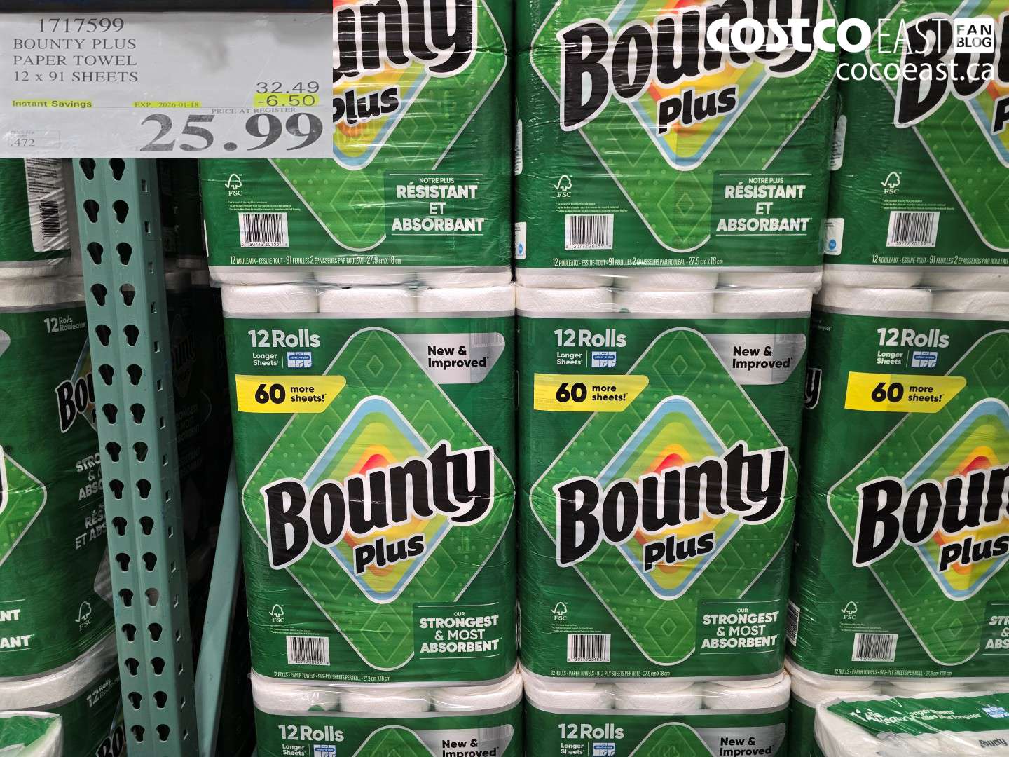 1717599 BOUNTY PLUS PAPER TOWEL 12 x 91 SHEETS ($6.50 INSTANT SAVINGS EXPIRES ON 2026-01-18) $25.99
