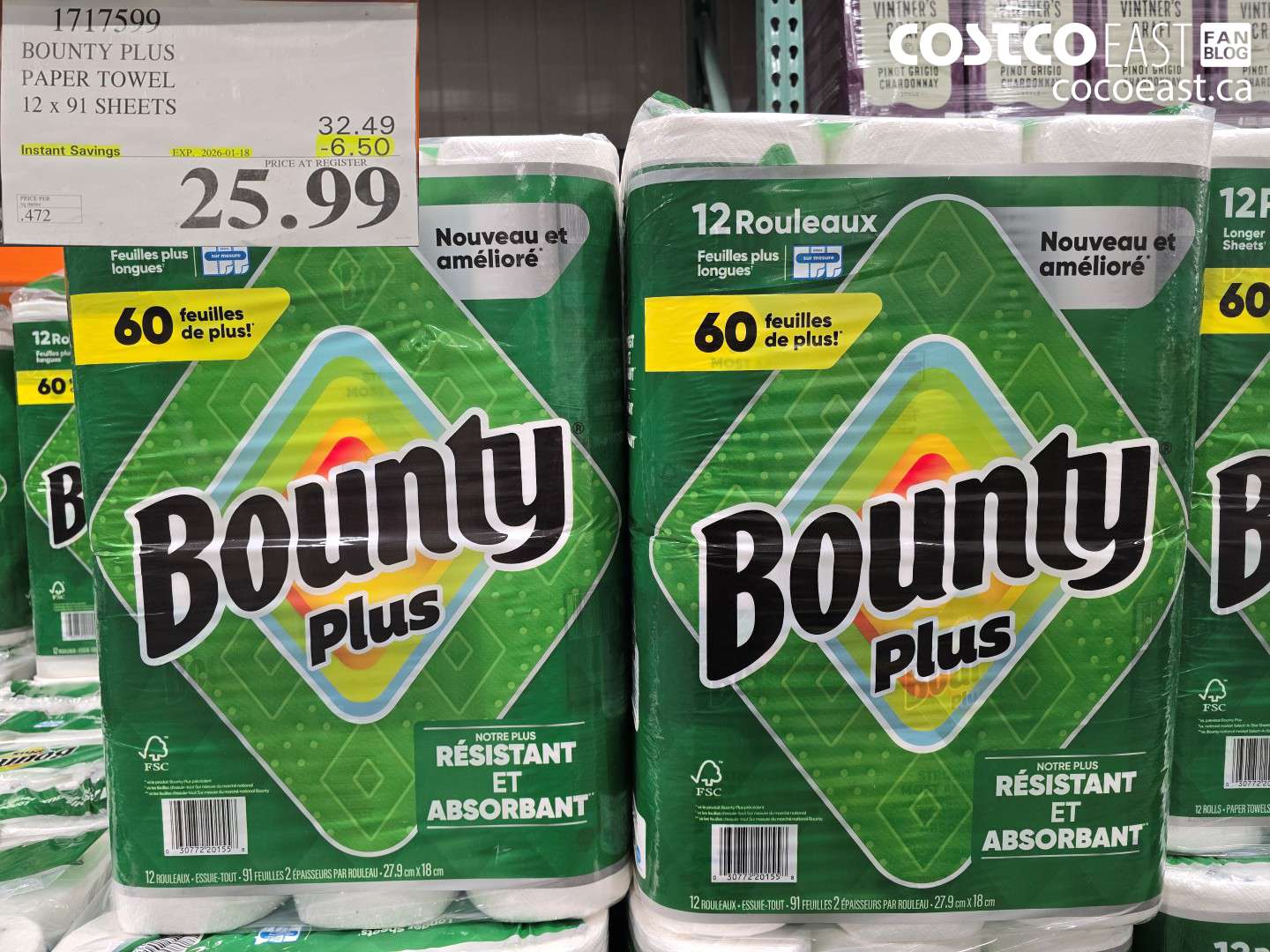1717599 BOUNTY PLUS PAPER TOWEL 12 x 91 SHEETS ($6.50 INSTANT SAVINGS EXPIRES ON 2026-01-18) $25.99
