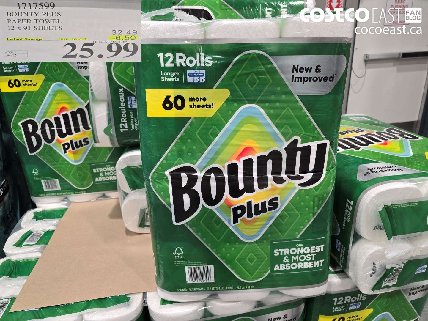 1717599 BOUNTY PLUS PAPER TOWEL 12 x 91 SHEETS ($6.50 INSTANT SAVINGS EXPIRES ON 2026-01-21) $25.99