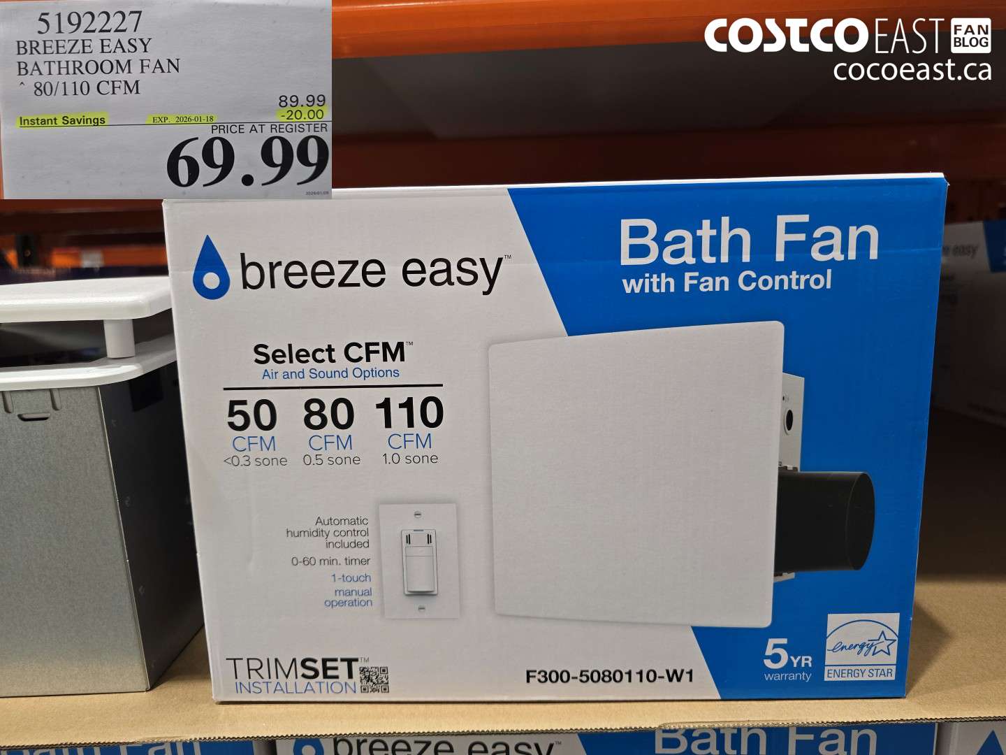 5192227 BREEZE EASY BATHROOM FAN 80/110 CFM ($20.00 INSTANT SAVINGS EXPIRES ON 2026-01-18) $69.99