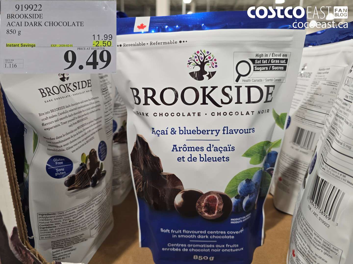 919922 BROOKSIDE ACAI DARK CHOCOLATE 850 G ($2.50 INSTANT SAVINGS EXPIRES ON 2026-02-01) $9.49