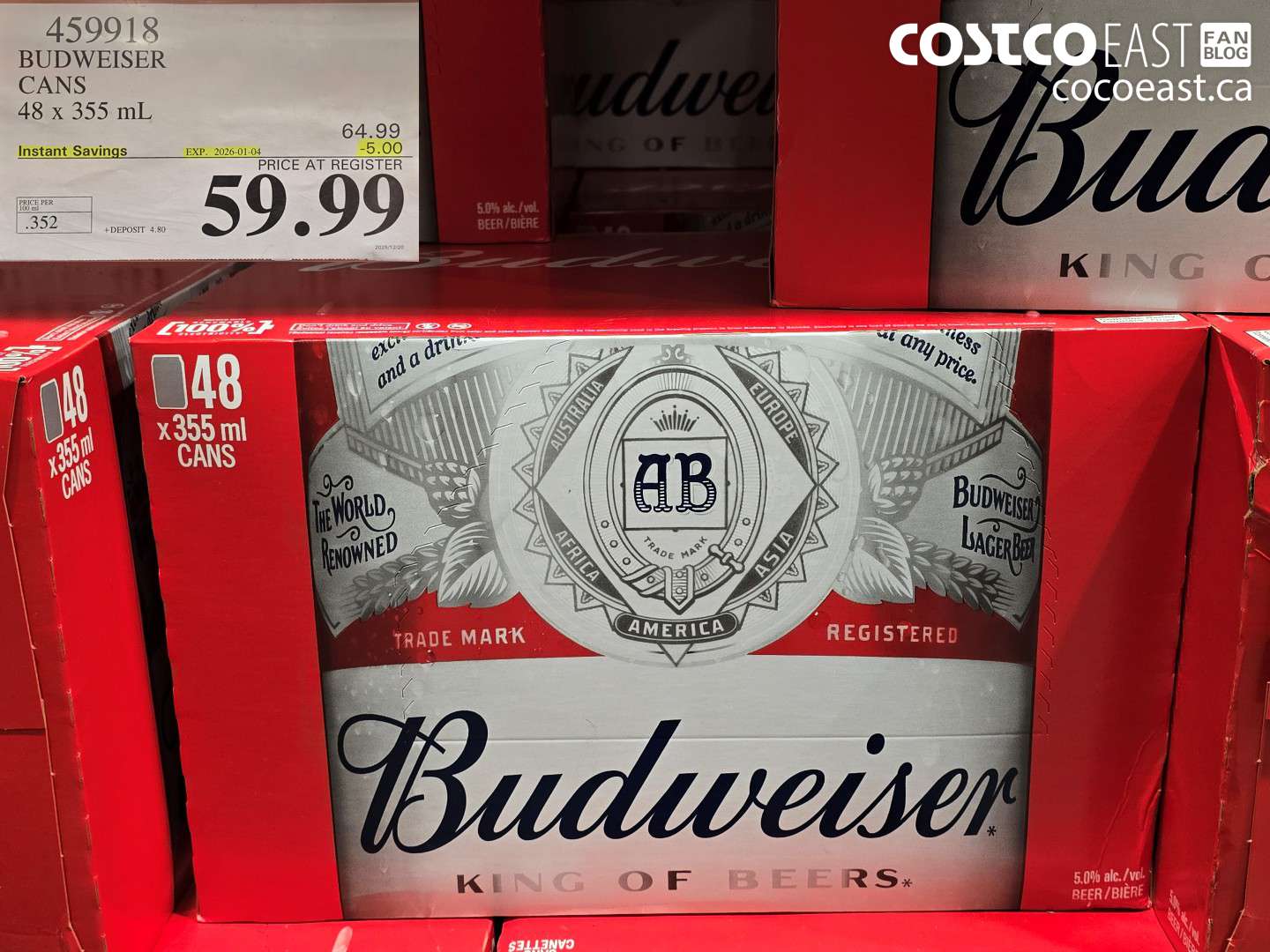 459918 BUDWEISER CANS 48 X 355 ML ($5.00 INSTANT SAVINGS EXPIRES ON 2026-01-04) $59.99