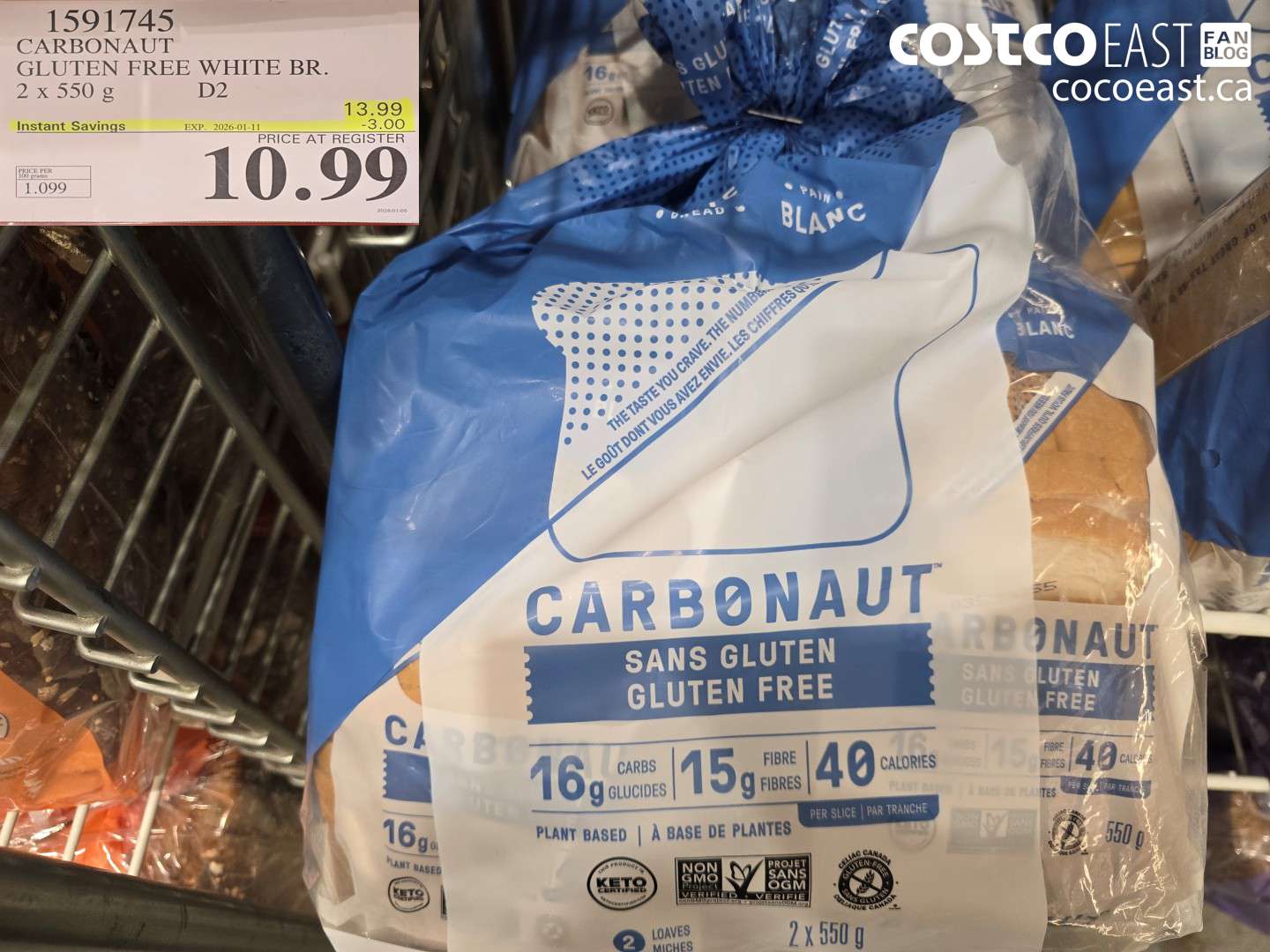 1591745 CARBONAUT GLUTEN FREE WHITE BR. 2 x 550 g ($3.00 INSTANT SAVINGS EXPIRES ON 2026-01-11) $10.99