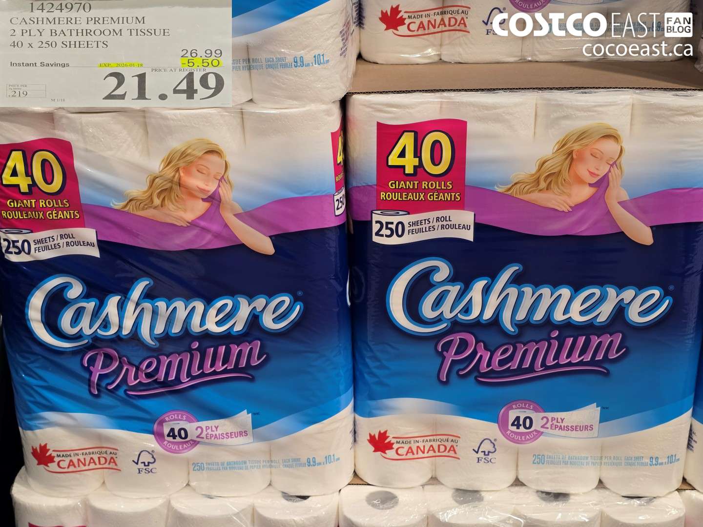 1424970 CASHMERE PREMIUM 2 PLY BATHROOM TISSUE 40 x 250 sheets ($5.50 INSTANT SAVINGS EXPIRES ON 2026-01-18) $21.49