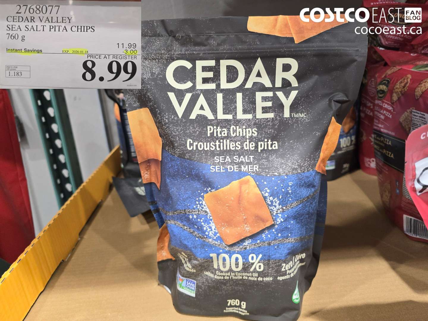 2768077 CEDAR VALLEY SEA SALT PITA CHIPS 760 G ($3.00 INSTANT SAVINGS EXPIRES ON 2026-01-18) $8.99