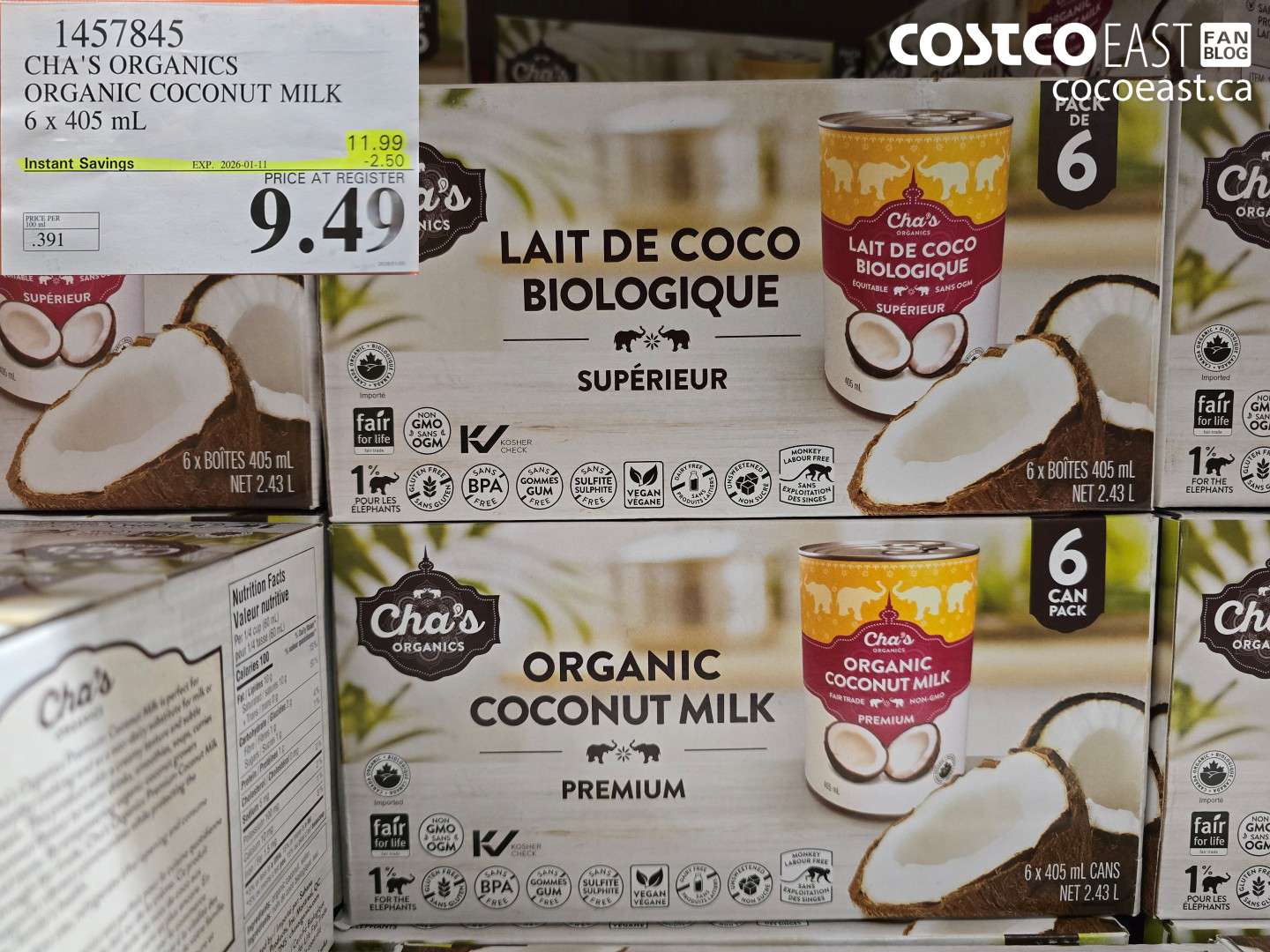1457845 CHA'S ORGANICS ORGANIC COCONUT MILK 6 x 400 ml ($2.50 INSTANT SAVINGS EXPIRES ON 2026-01-11) $9.49