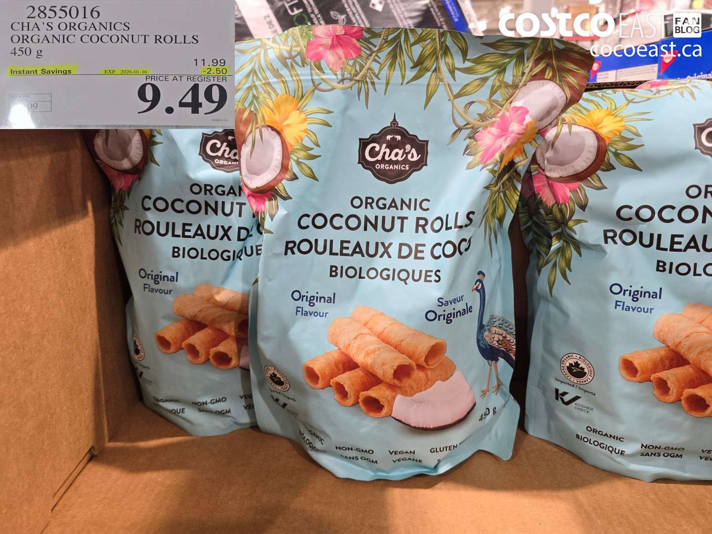2855016 CHA'S ORGANICS ORGANIC COCONUT ROLLS 450 g ($2.50 INSTANT SAVINGS EXPIRES ON 2026-01-16) $9.49
