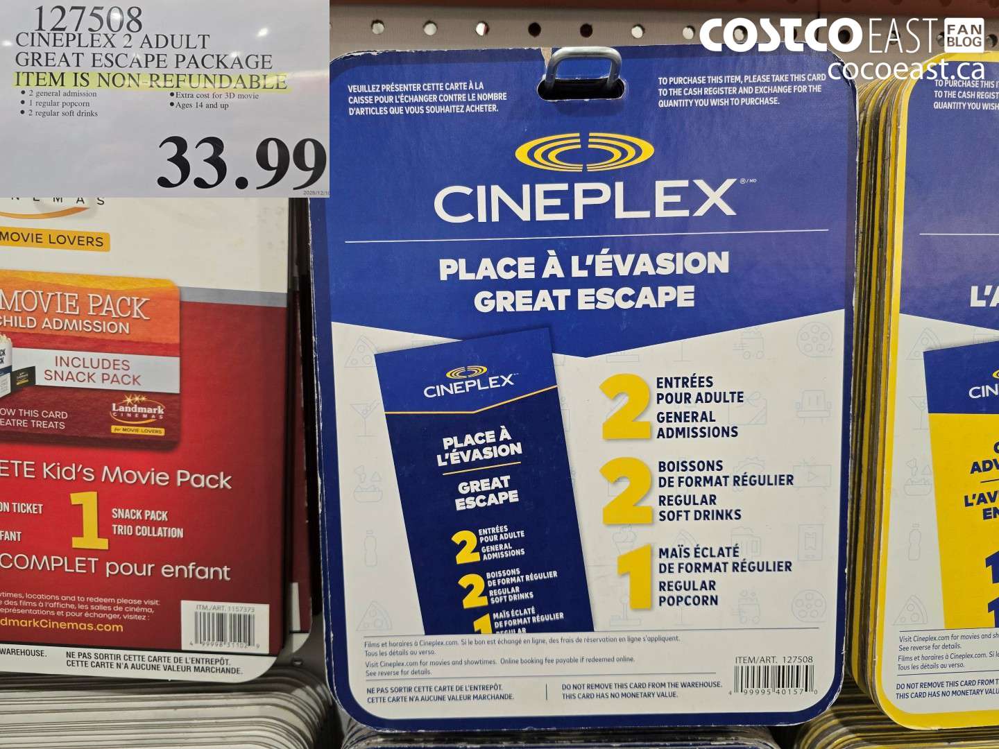 127508 CINEPLEX GREAT ESCAPE 2 ADULTS MOVIE PACKAGE THIS ITEM IS NON-REFUNDABLE $33.99
