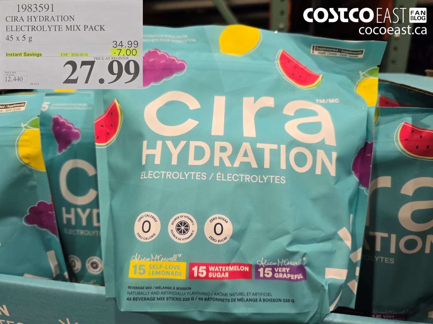 1983591 CIRA HYDRATION ELECTROLYTE MIX PACK 45 x 5 g ($7.00 INSTANT SAVINGS EXPIRES ON 2026-02-01) $27.99