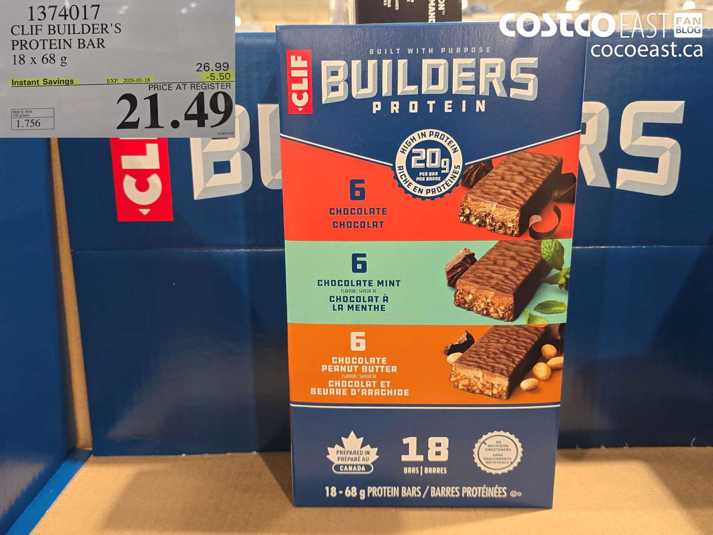 1374017 CLIF BUILDERS PROTEIN BARS 18 X 68 G ($5.50 INSTANT SAVINGS EXPIRES ON 2026-01-18) $21.49