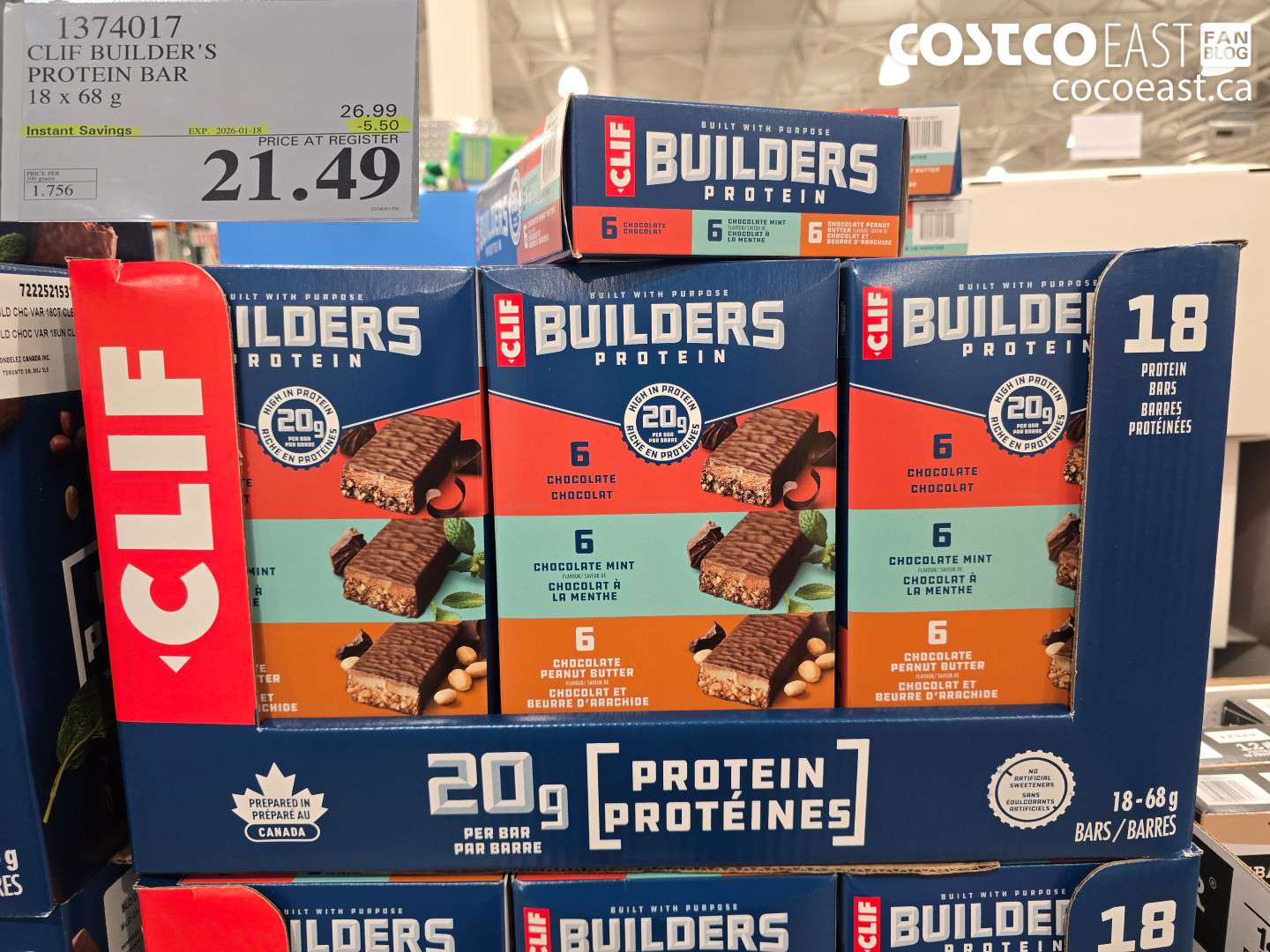 1374017 CLIF BUILDERS PROTEIN BARS 18 X 68 G ($5.50 INSTANT SAVINGS EXPIRES ON 2026-01-18) $21.49