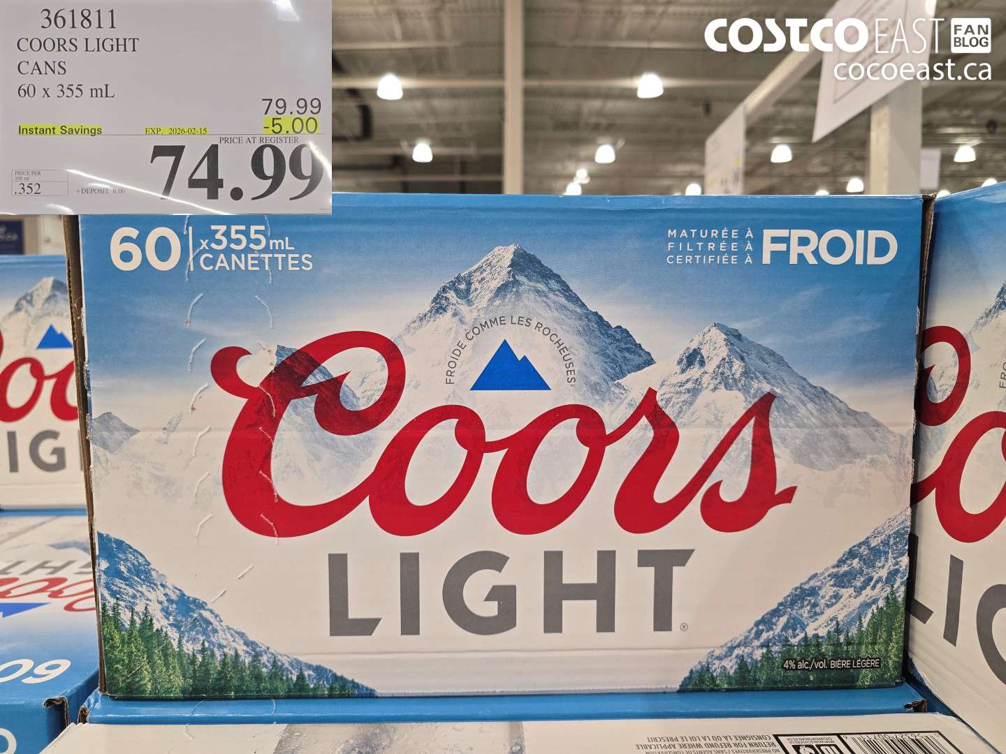 361811 COORS LIGHT CANS 60 x 355 ml ($3.00 INSTANT SAVINGS EXPIRES ON 2026-02-15) $74.99
