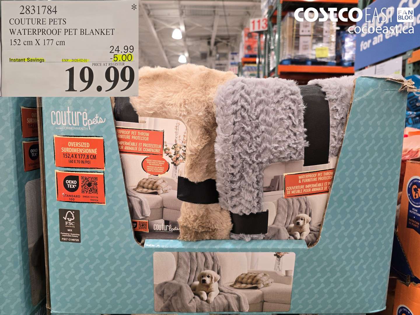 2831784 COUTURE PETS WATERPROOF PET BLANKET 152 CM X 177 cm ($5.00 INSTANT SAVINGS EXPIRES ON 2026-02-01) $19.99