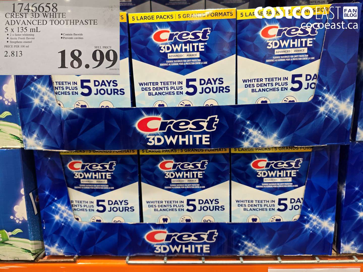1746658 CREST 3D WHITE ADVANCED TOOTHPASTE 5 X 135 ML $18.99