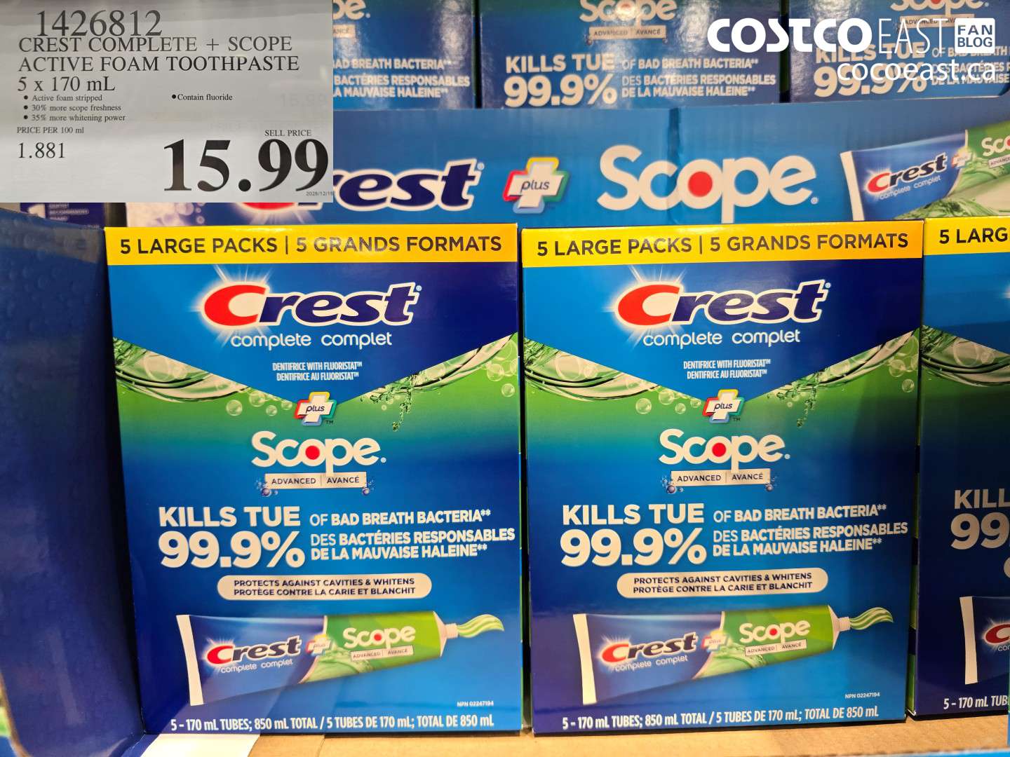 1426812 CREST COMPLETE + SCOPE ACTIVE FOAM TOOTHPASTE 5 X 170 ML $15.99