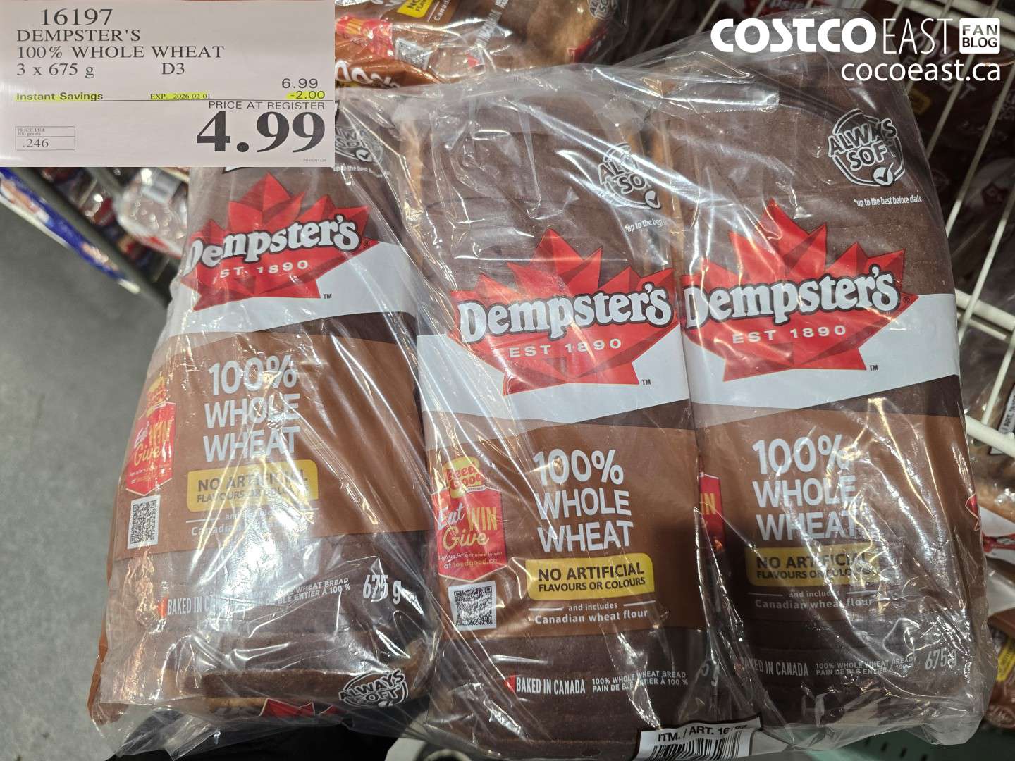 16197 DEMPSTER'S 100% WHOLE WHEAT 3 X 675 G ($2.00 INSTANT SAVINGS EXPIRES ON 2026-02-01) $4.99
