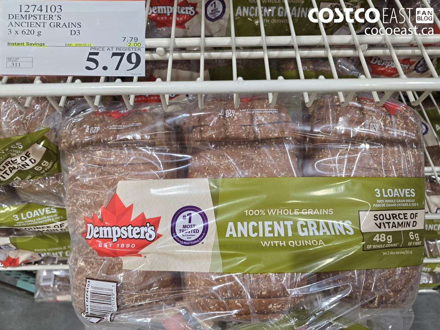 1274103 DEMPSTER'S ANCIENT GRAINS 3 X 620 G ($2.00 INSTANT SAVINGS EXPIRES ON 2026-01-11) $5.79