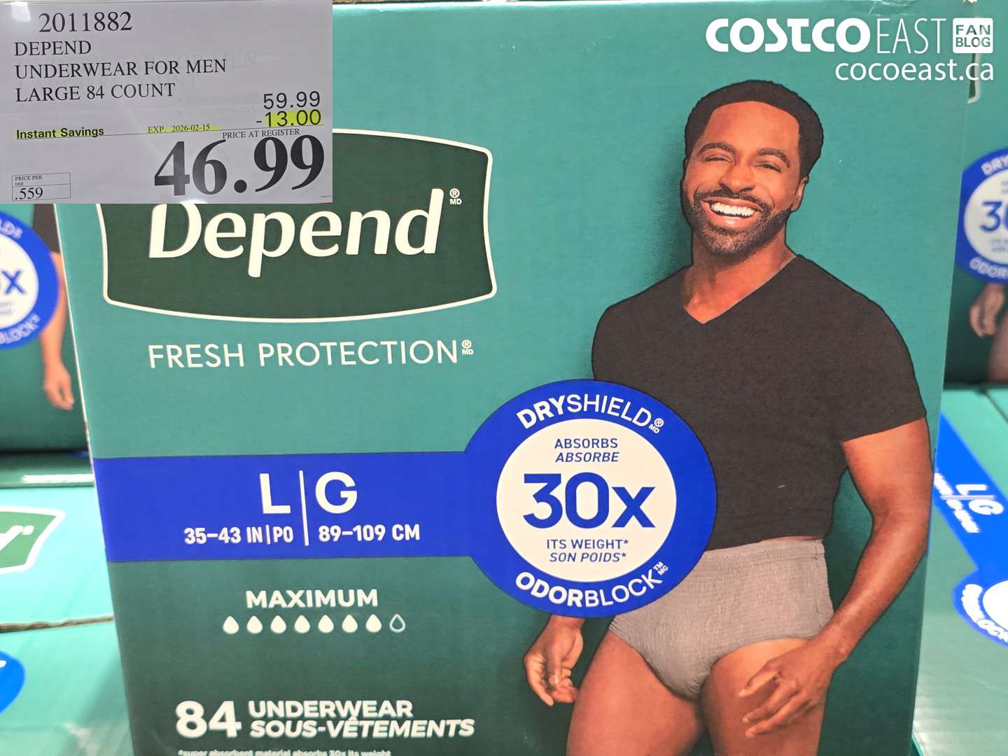 2011882 DEPEND UNDERWEAR FOR MEN LARGE 84 COUNT ($13.00 INSTANT SAVINGS EXPIRES ON 2026-02-15) $46.99