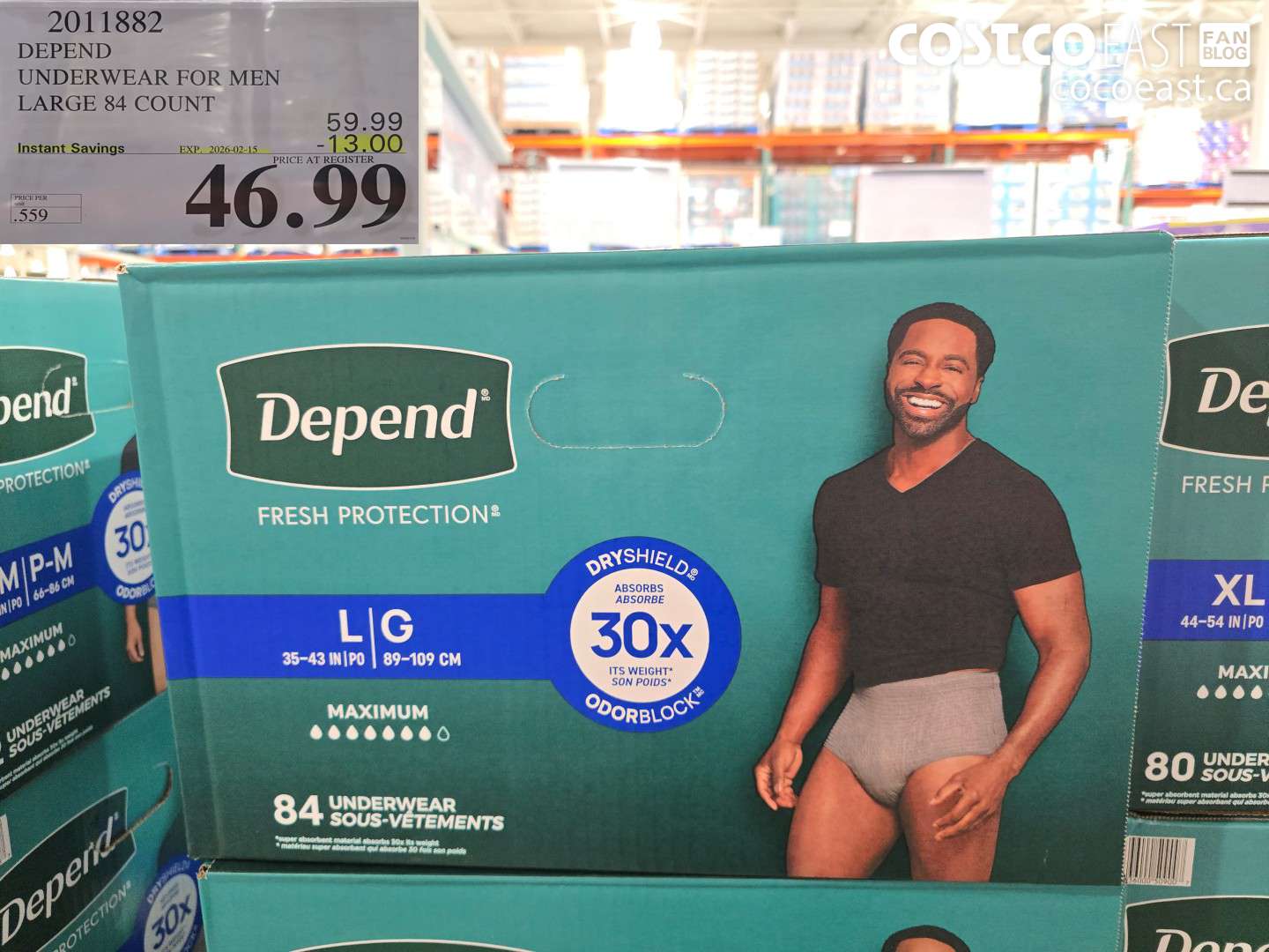 2011882 DEPEND UNDERWEAR FOR MEN LARGE 84 COUNT ($13.00 INSTANT SAVINGS EXPIRES ON 2026-02-15) $46.99