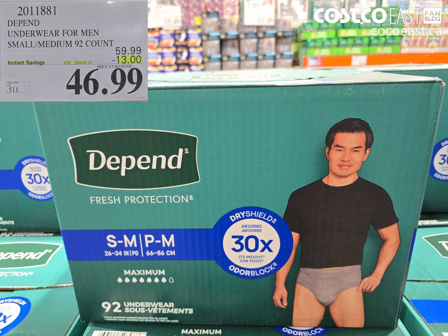 2011881 DEPEND UNDERWEAR FOR MEN SMALL/MEDIUM 92 COUNT ($13.00 INSTANT SAVINGS EXPIRES ON 2026-02-15) $46.99