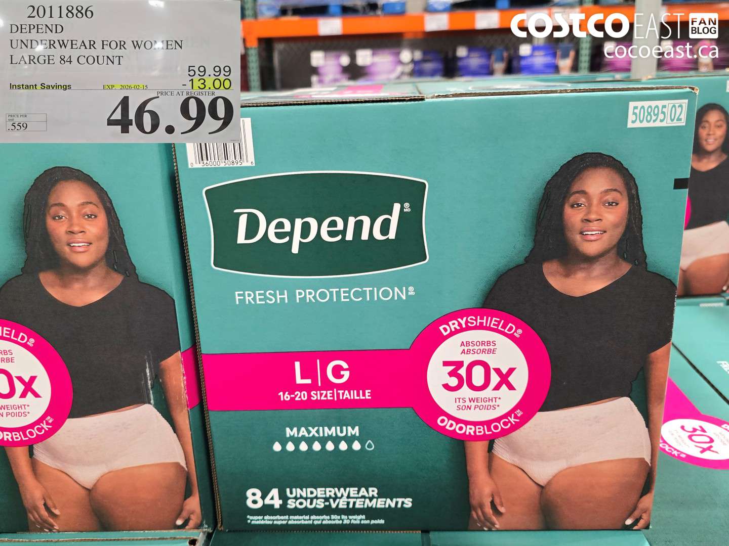 2011886 DEPEND UNDERWEAR FOR WOMEN LARGE 84 COUNT ($13.00 INSTANT SAVINGS EXPIRES ON 2026-02-15) $46.99