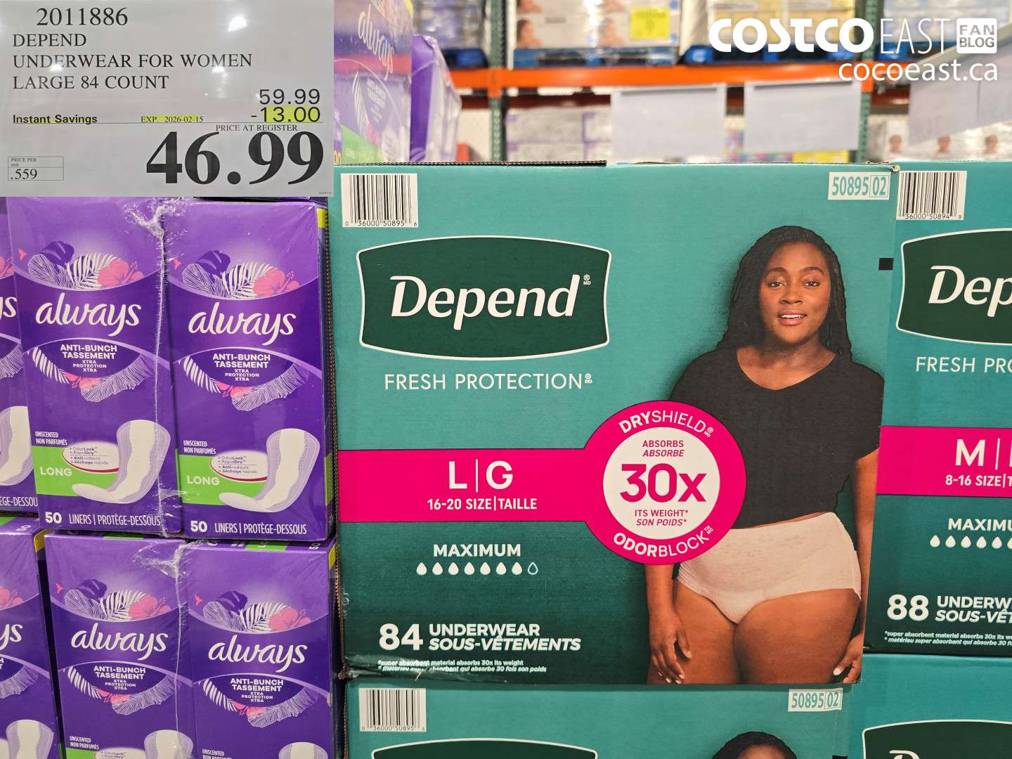 2011886 DEPEND UNDERWEAR FOR WOMEN LARGE 84 COUNT ($13.00 INSTANT SAVINGS EXPIRES ON 2026-02-15) $46.99