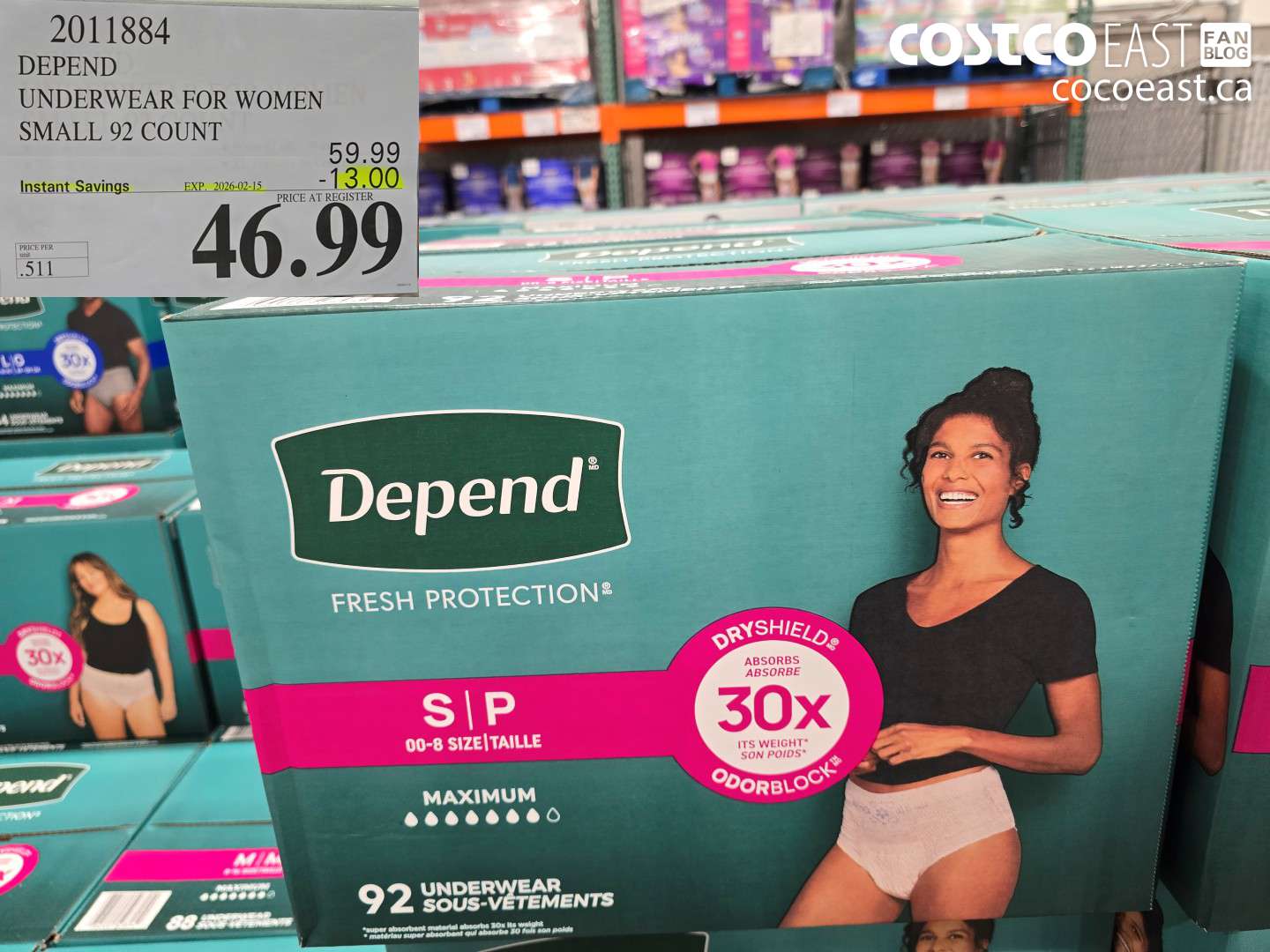 2011884 DEPEND UNDERWEAR FOR WOMEN SMALL 92 COUNT 20026-02-15 ($13.00 INSTANT SAVINGS) $46.99